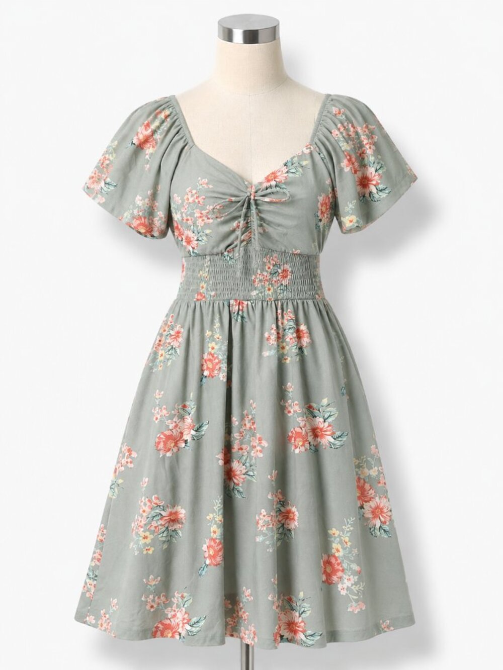 Sage Green Cottagecore Floral Mini Dress Sweetheart Neckline Smocked Waist